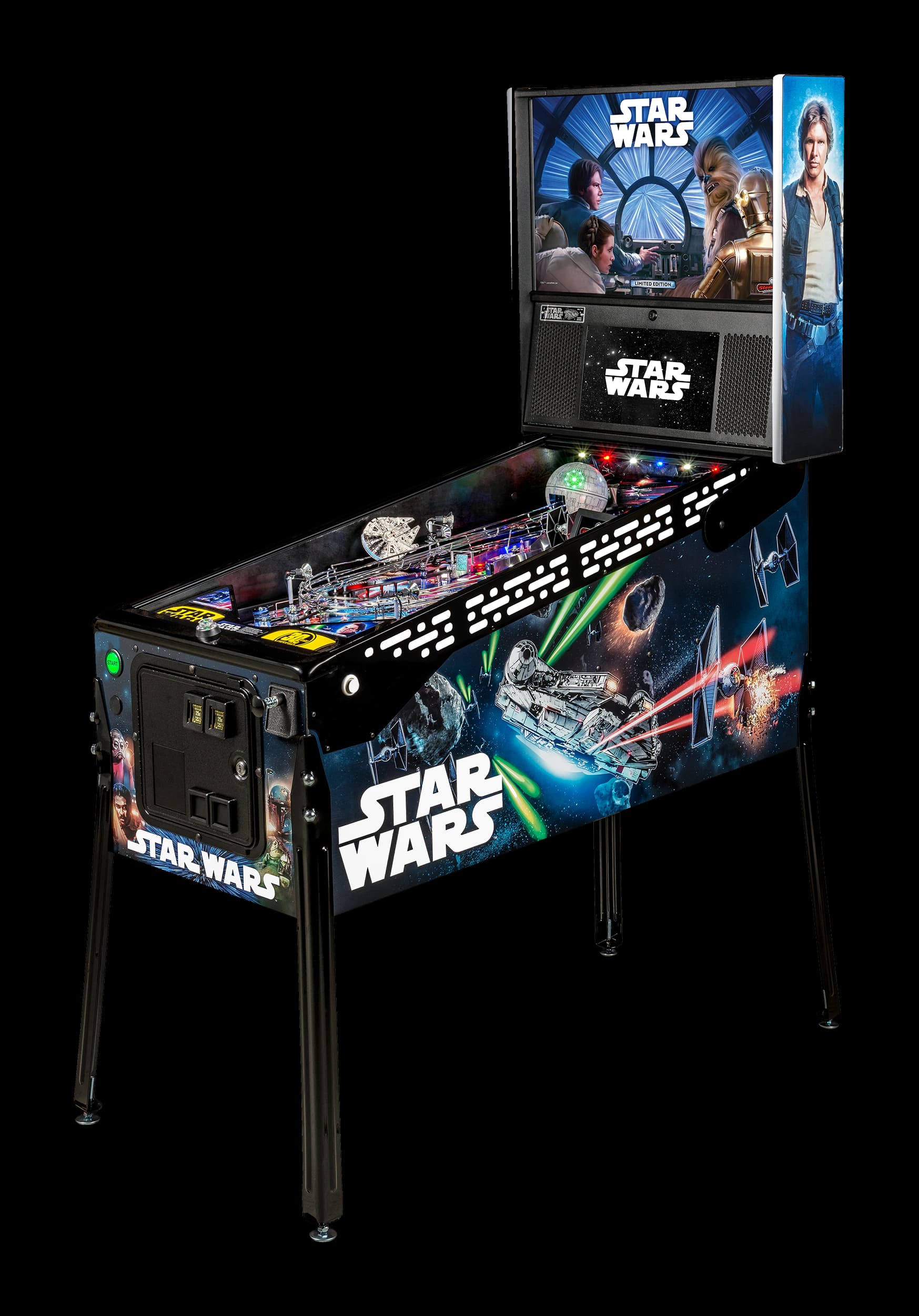 Left facing photo of the Star Wars pinball Machine by Stern Pinball