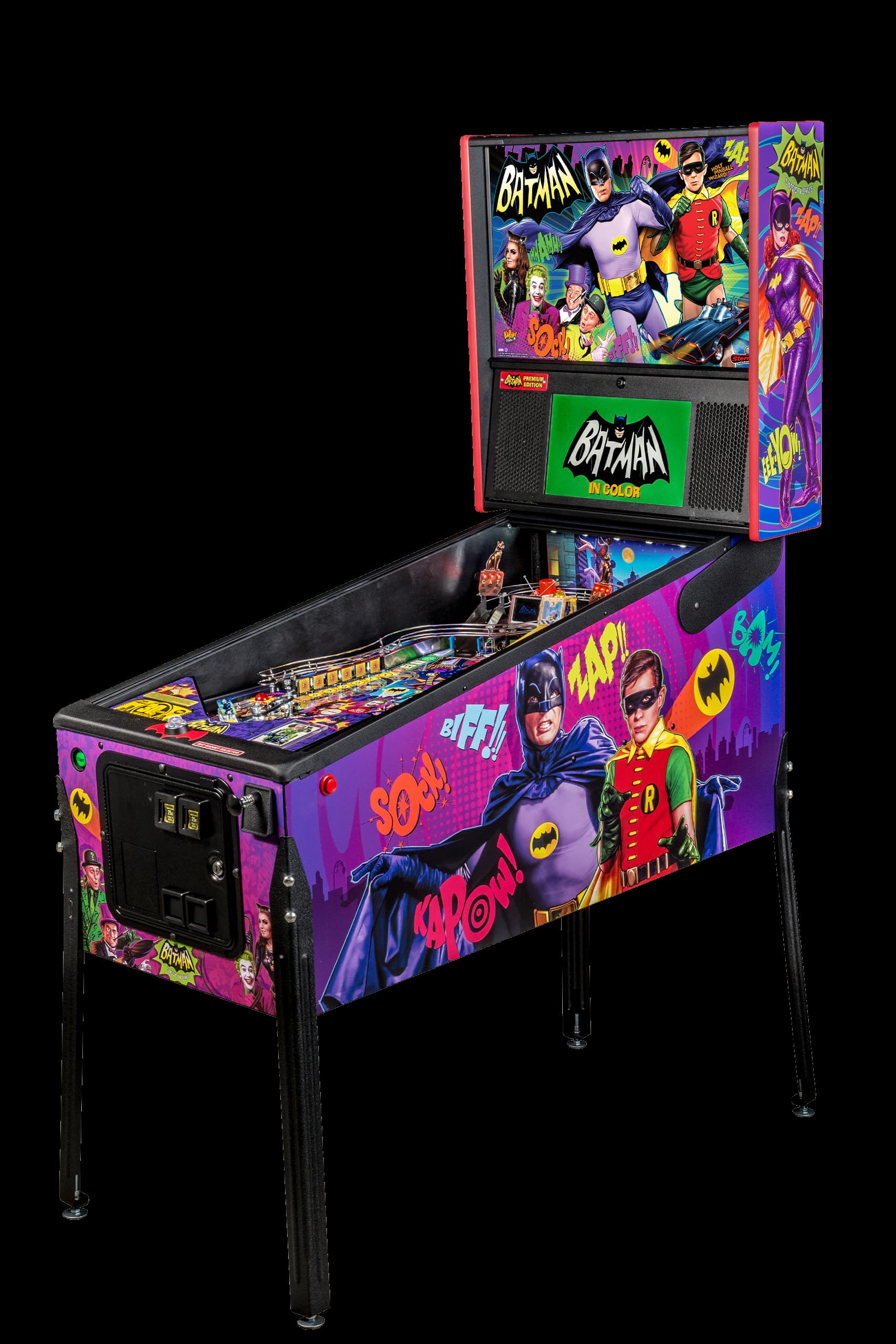 Left facing photo of the Batman ’66 pinball Machine by Stern Pinball