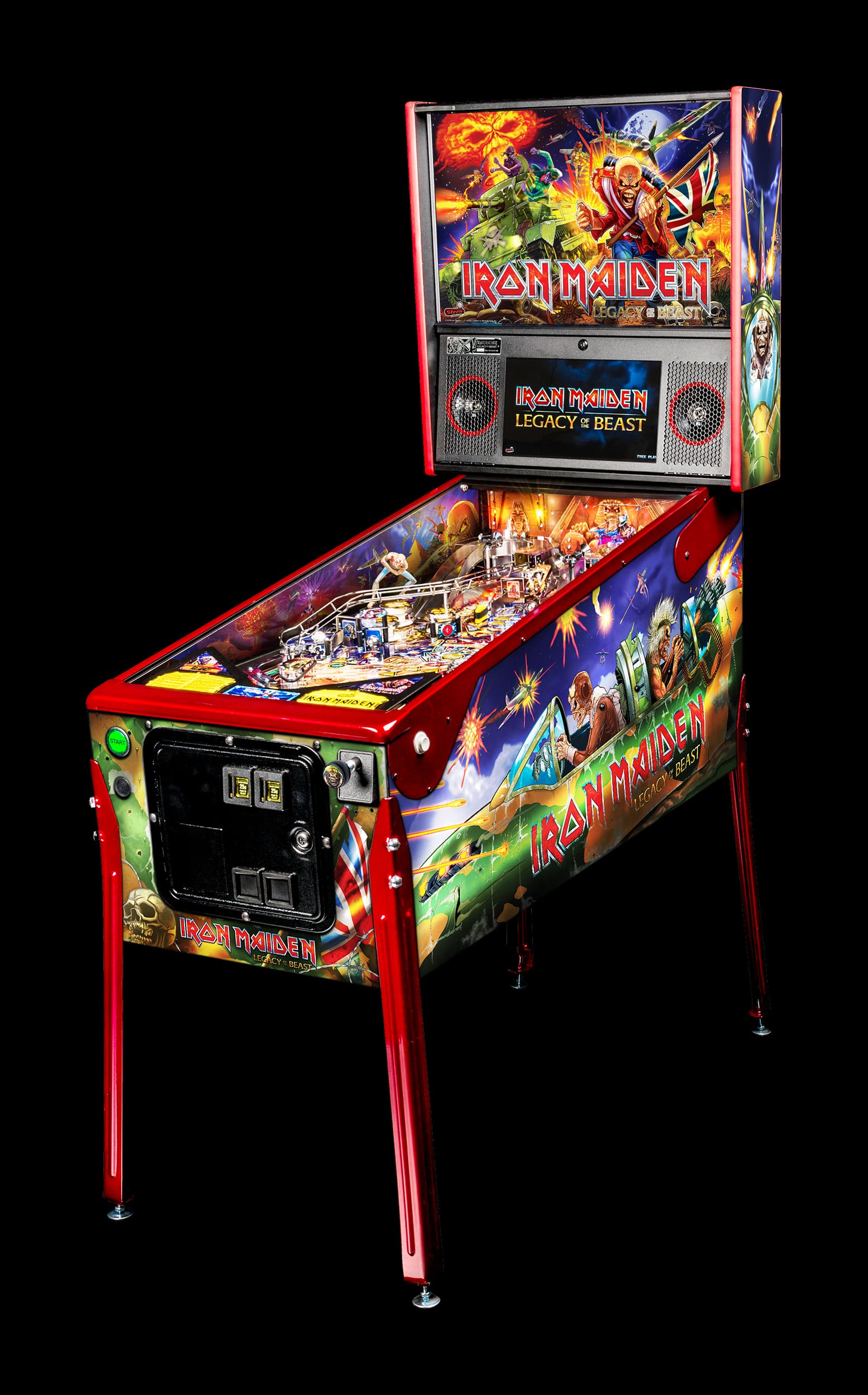 Left facing photo of the Iron Maiden pinball Machine by Stern Pinball