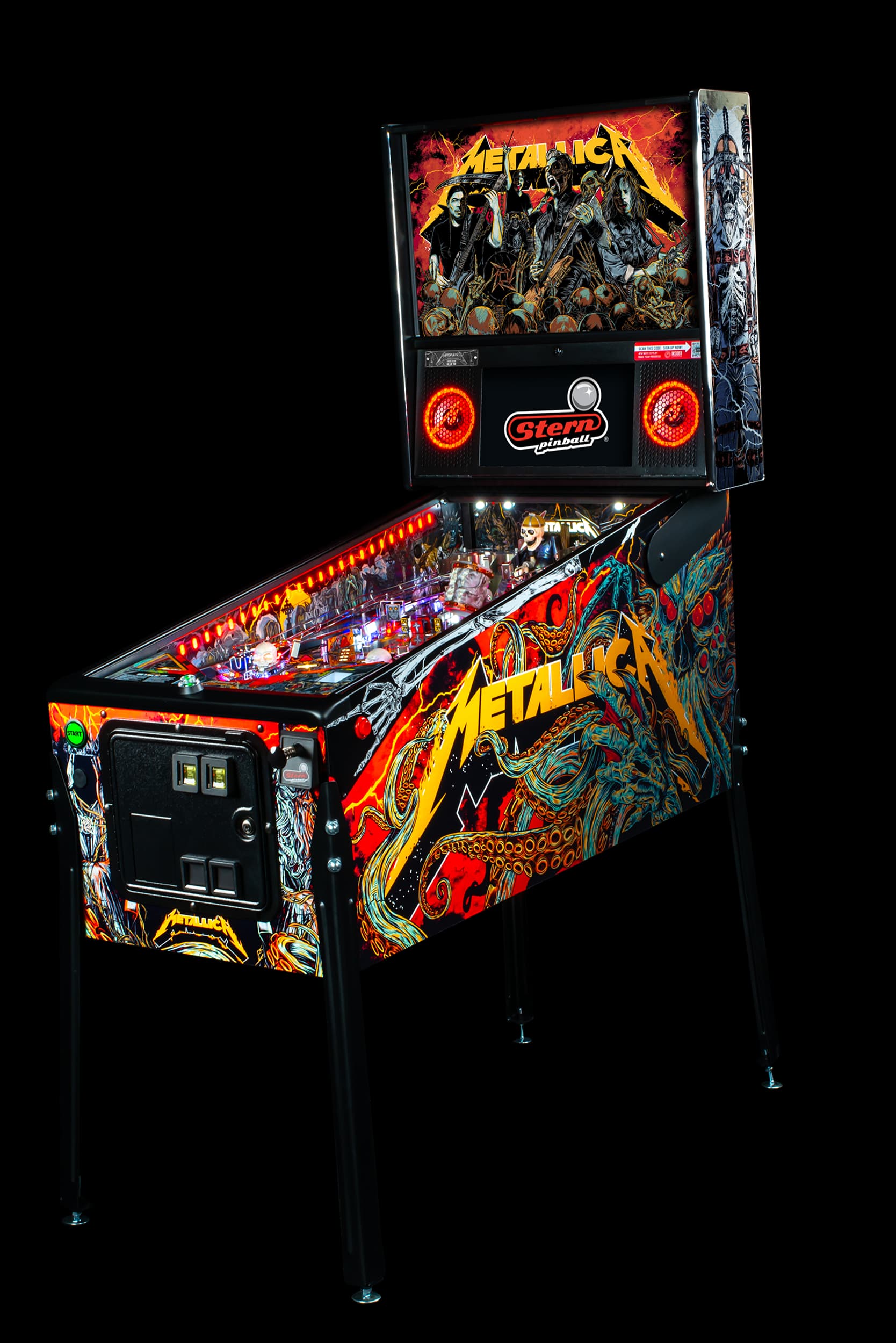 Metallica LE pinball cabinet facing left.