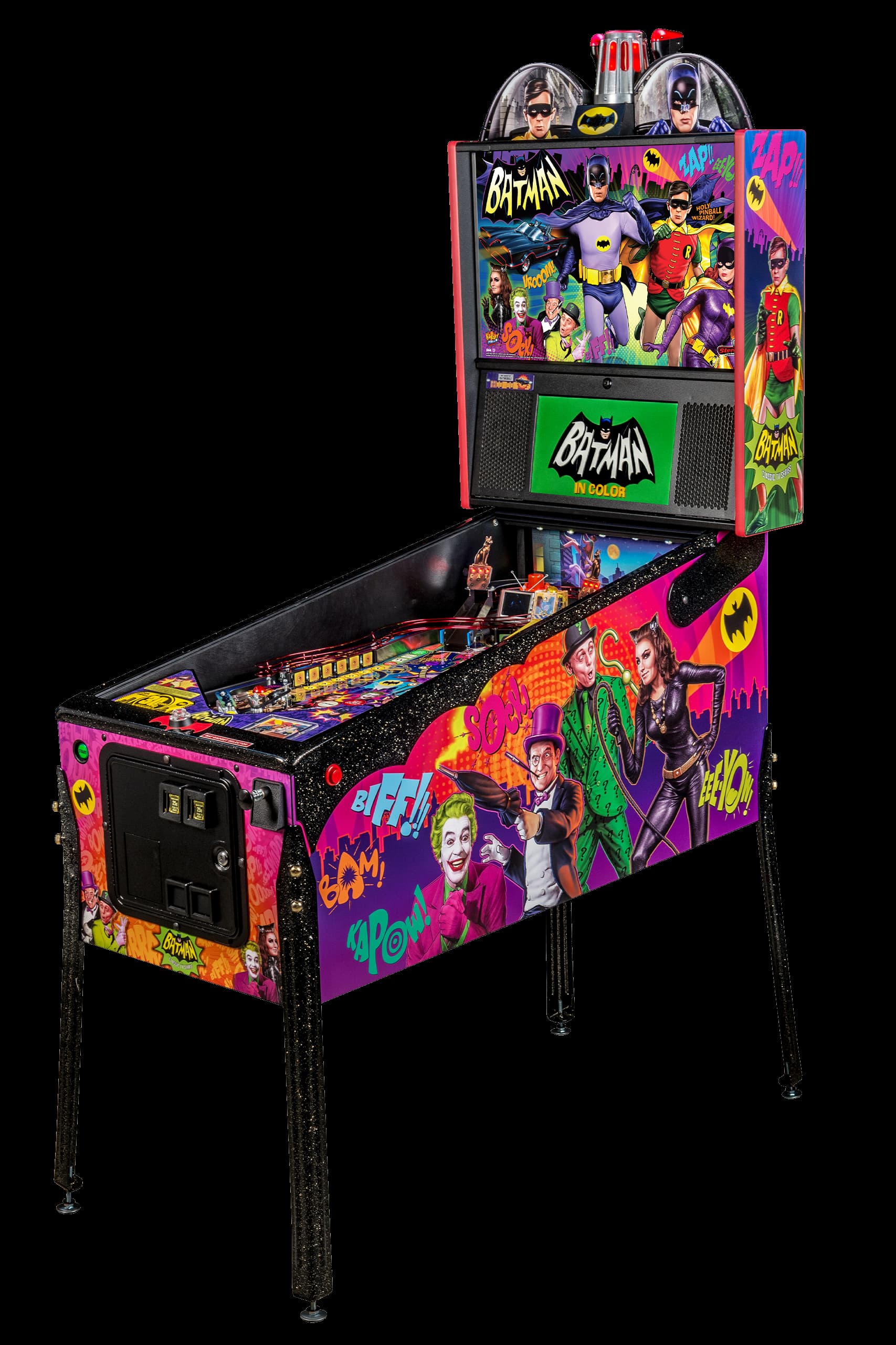 Left facing photo of the Batman ’66 pinball Machine by Stern Pinball