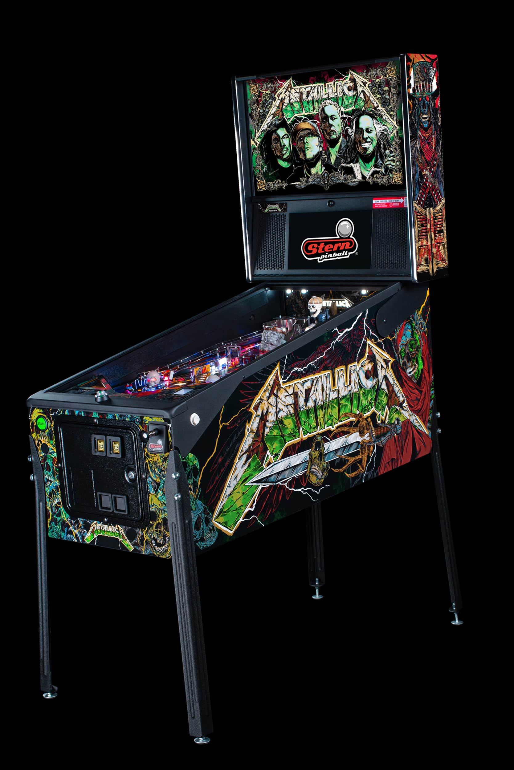 Left facing photo of the Metallica Remastered Pinball Machine by Stern Pinball