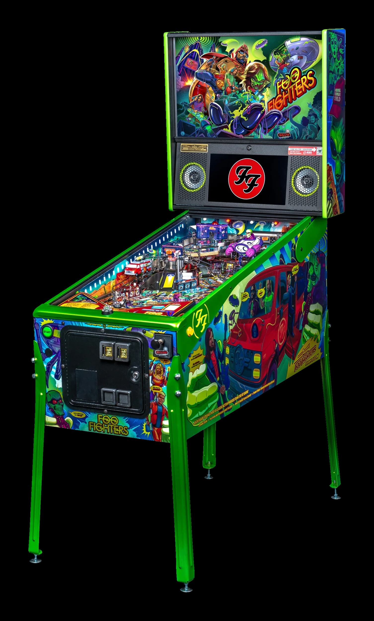 Left facing photo of the Foo Fighters Pinball Machine by Stern Pinball
