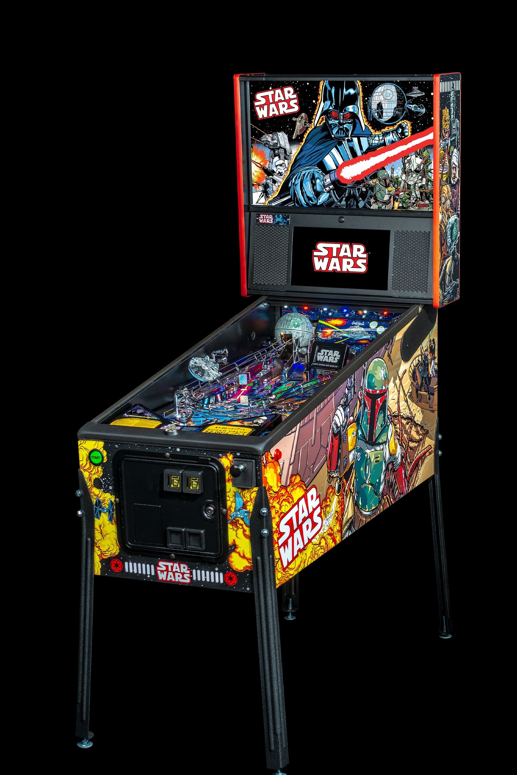 Left facing photo of the Star Wars Comic Art Pinball Machine by Stern Pinball