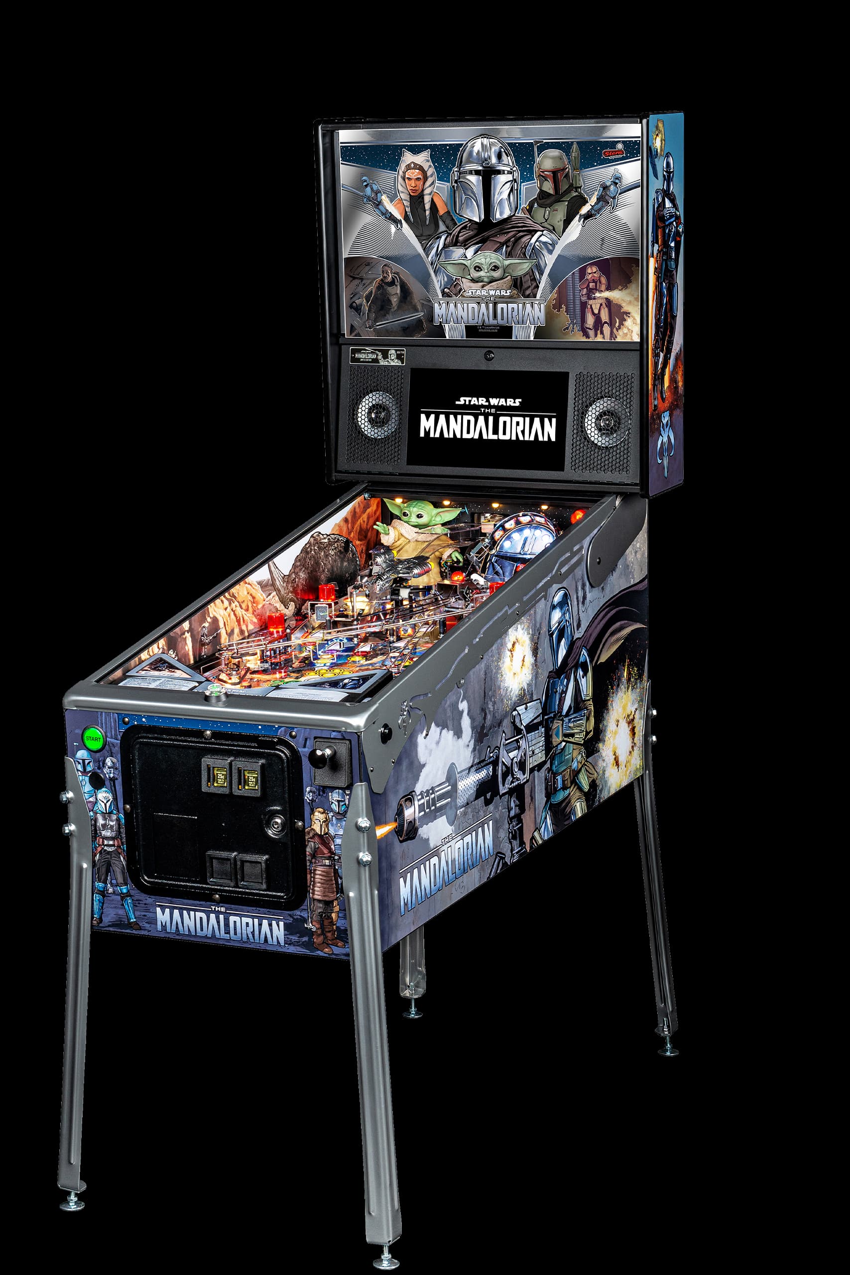 Left facing photo of the Star Wars: The Mandalorian Pinball Machine by Stern Pinball