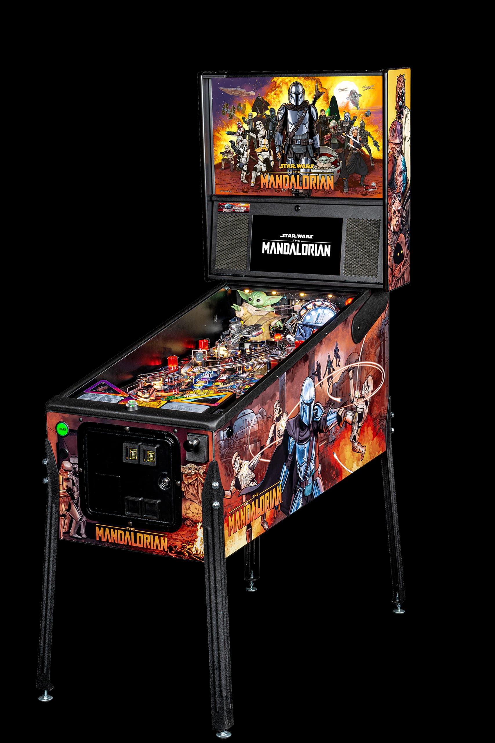Left facing photo of the Star Wars: The Mandalorian Pinball Machine by Stern Pinball