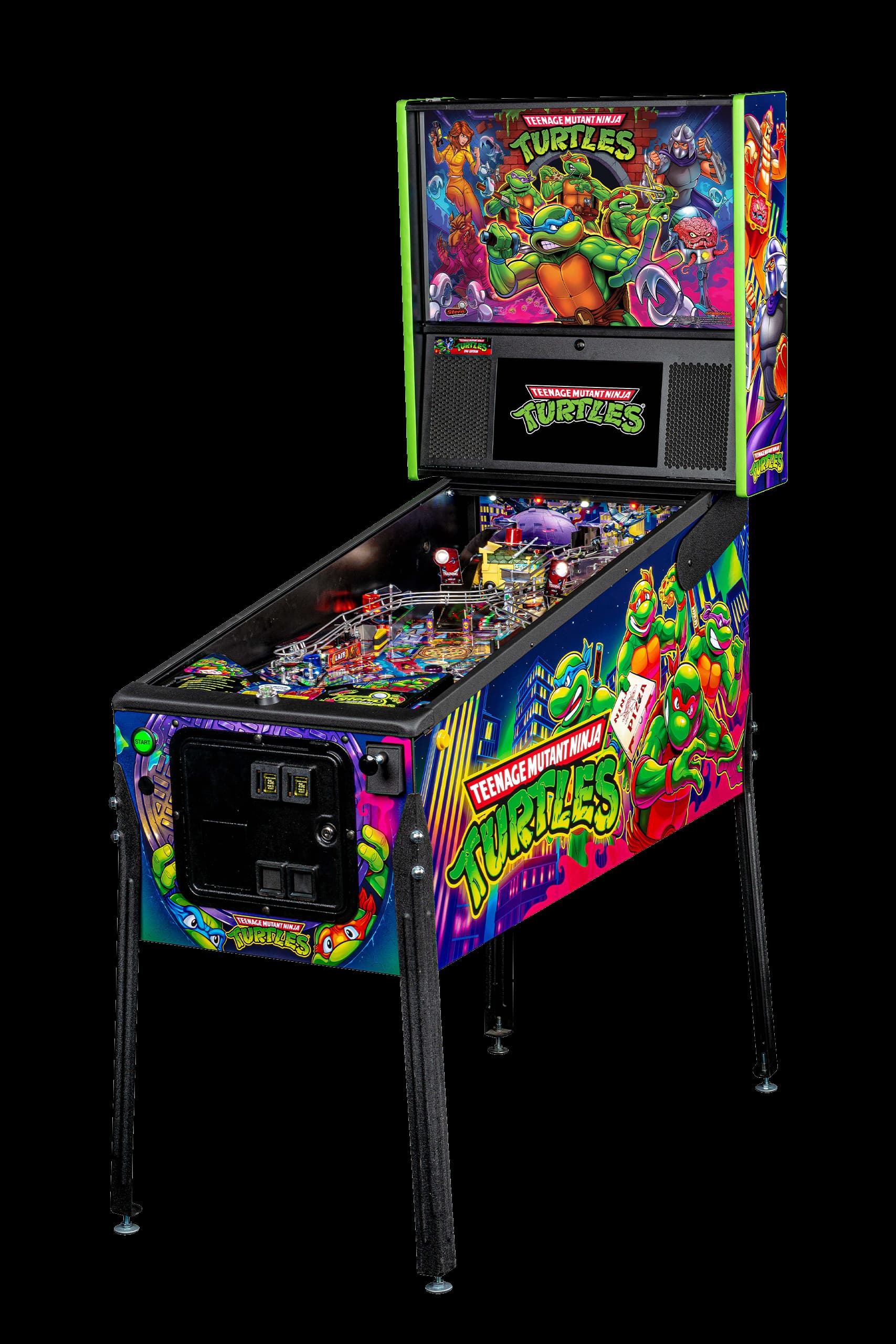 Left facing photo of the Teenage Mutant Ninja Turtles Pinball Machine by Stern Pinball