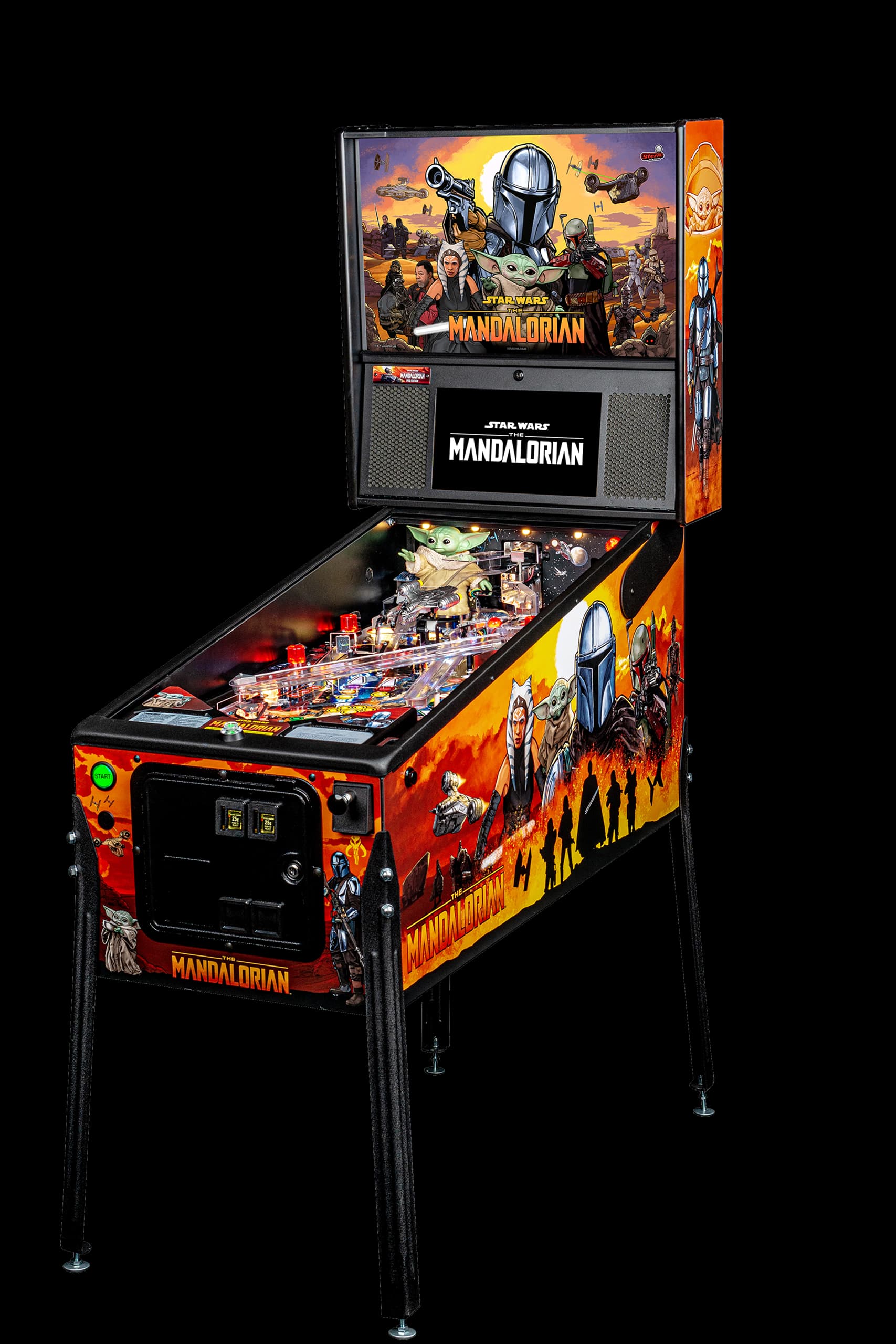 Left facing photo of the Star Wars: The Mandalorian Pinball Machine by Stern Pinball