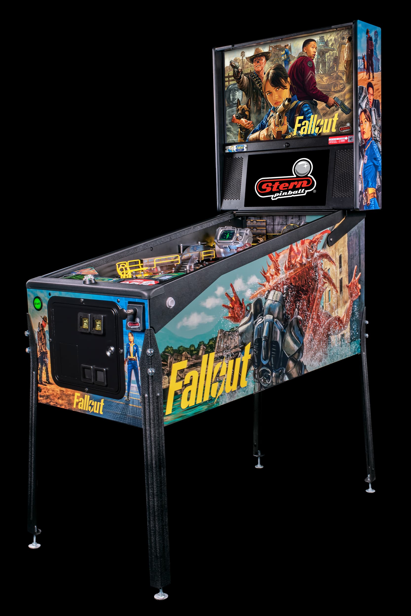 A left facing image of the Pro Model, Fallout by Stern Pinball featuring art from the TV show.