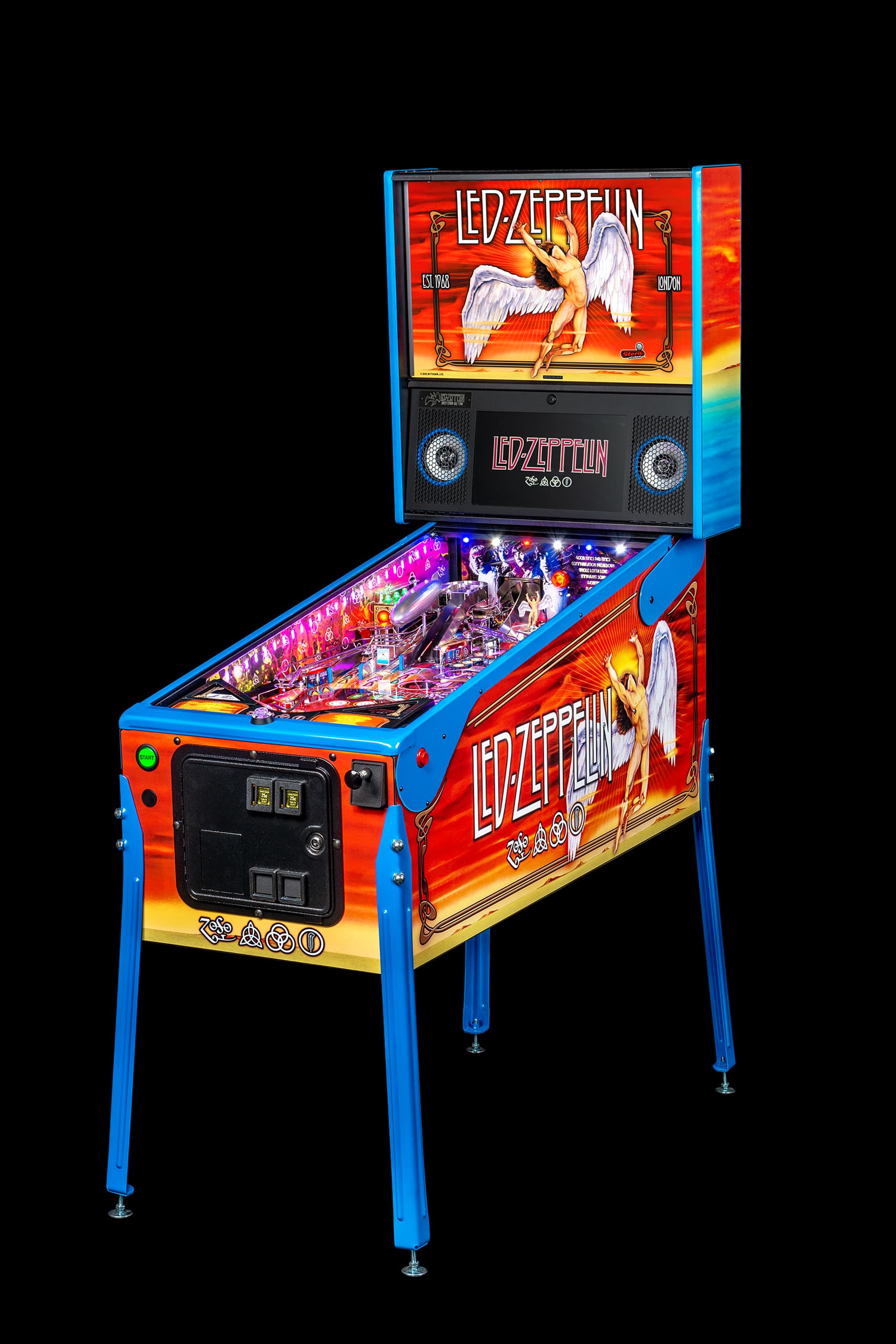 Left facing photo of the Led Zeppelin Pinball Machine by Stern Pinball