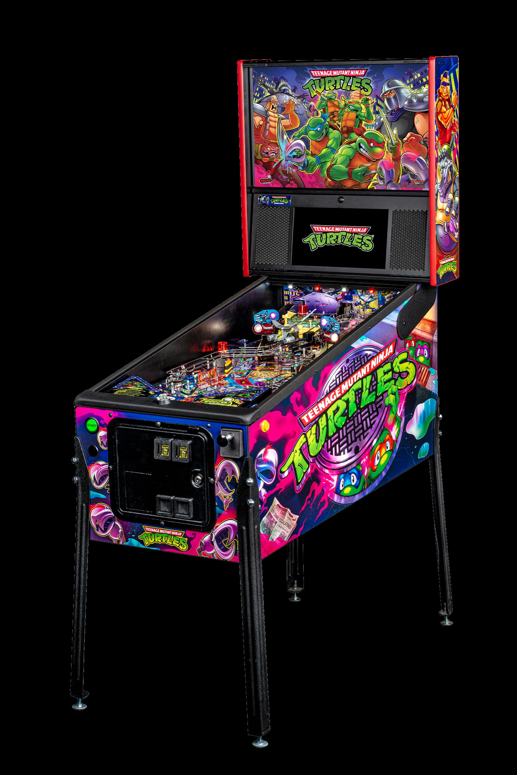Left facing photo of the Teenage Mutant Ninja Turtles Pinball Machine by Stern Pinball