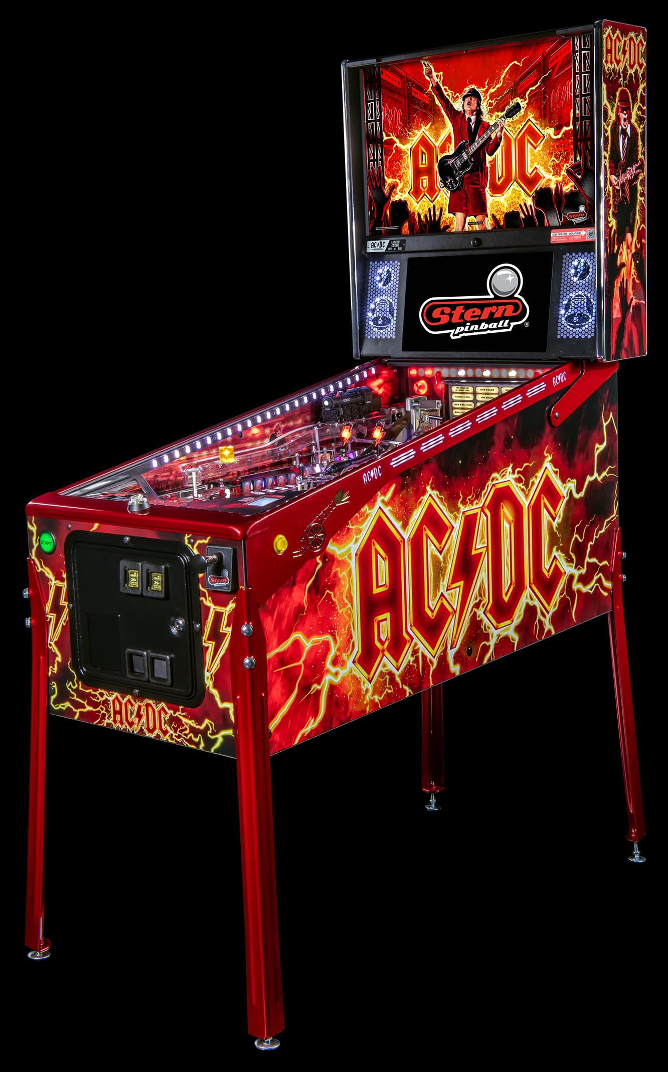 Left facing photo of the AC/DC Remastered LE Pinball Machine by Stern Pinball